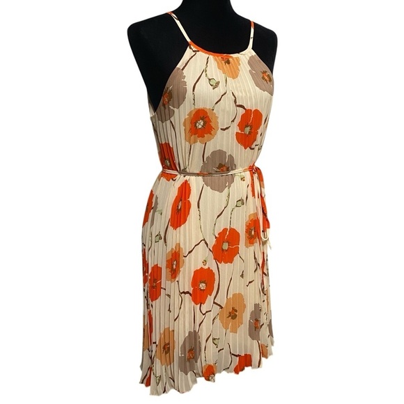Ellames Orange Floral Pleated Swing Dress Retro Poppy Print Belted Medium - Picture 2 of 8